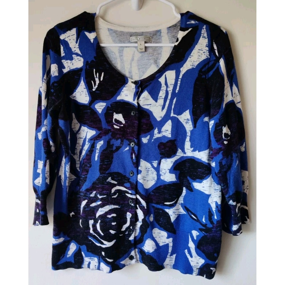 Dana Buchman 3/4 Sleeve Black/Blue/White Floral Button Up‎ Cardigan Size Large